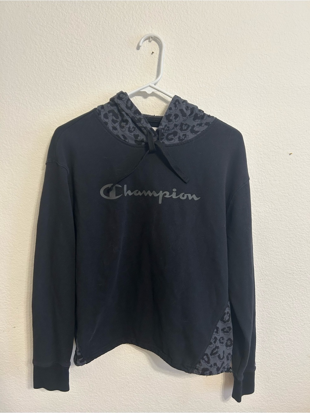 Champion Black Pullover Hoodie with Gray Leopard Trim